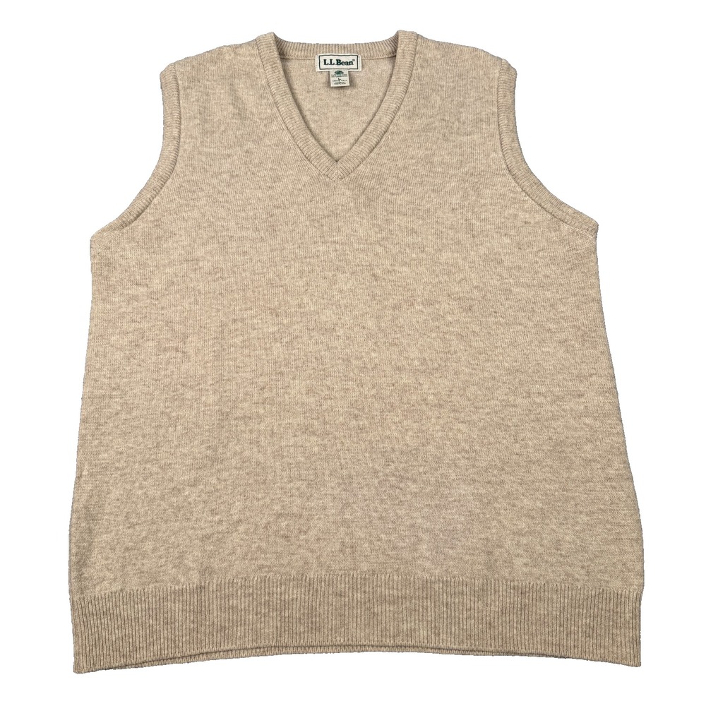 VTG LL Bean Sweater Vest Mens Large Tall LT Beige Lambswool Knit V Neck Scotland